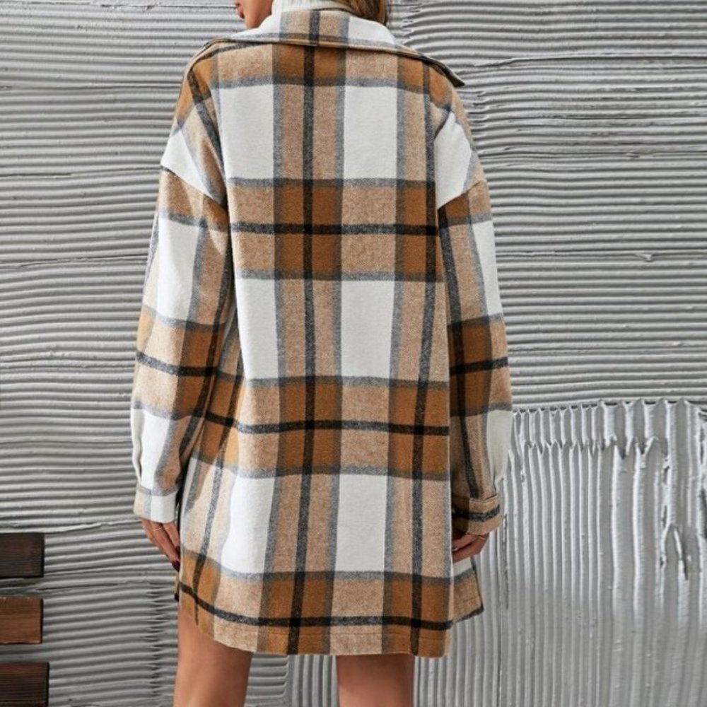 2 piece set Plaid Print Button Front Overcoat & Skirt Tan - Picture 6 of 6